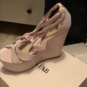 Lace up blush pink wedges